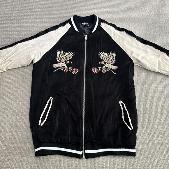 Black Satin Bomber Jacket w/ Embroidered Hawk + Rose Patches Japanese Style XS - Picture 4 of 8